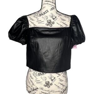 Avec Les Filles LARGE Faux Leather Puffy Sleeve Zipper Back Square Neck Crop Top